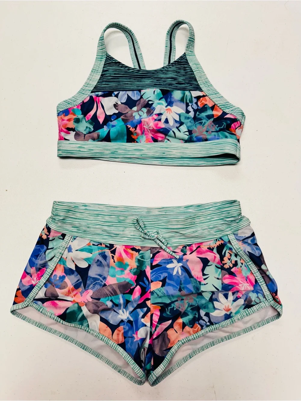 Athleta Girls Teal & Navy Floral Active Bikini Set, youth L (12)